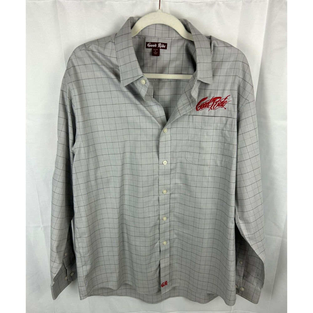 Men's Large Good Ride Long Sleeve Button Down Collard Shirt Grey Checkered